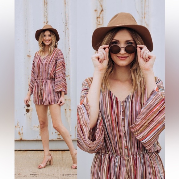 L Love Dresses & Skirts - Boutique x Royal & Reese Bell-Sleeve Romper Jumper Jumpsuit Rust/Tan Multi Large